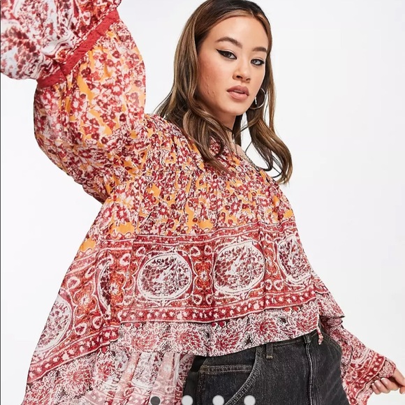 Free People Tops - NWT Free People Lorriane Tiered Kimono top in orange print